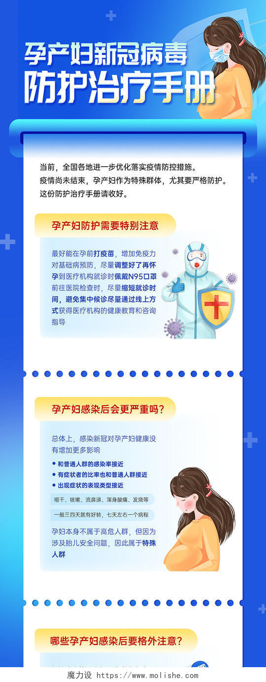 蓝色卡通孕产妇新冠病毒防护治疗手册防疫长图ui手机海报
